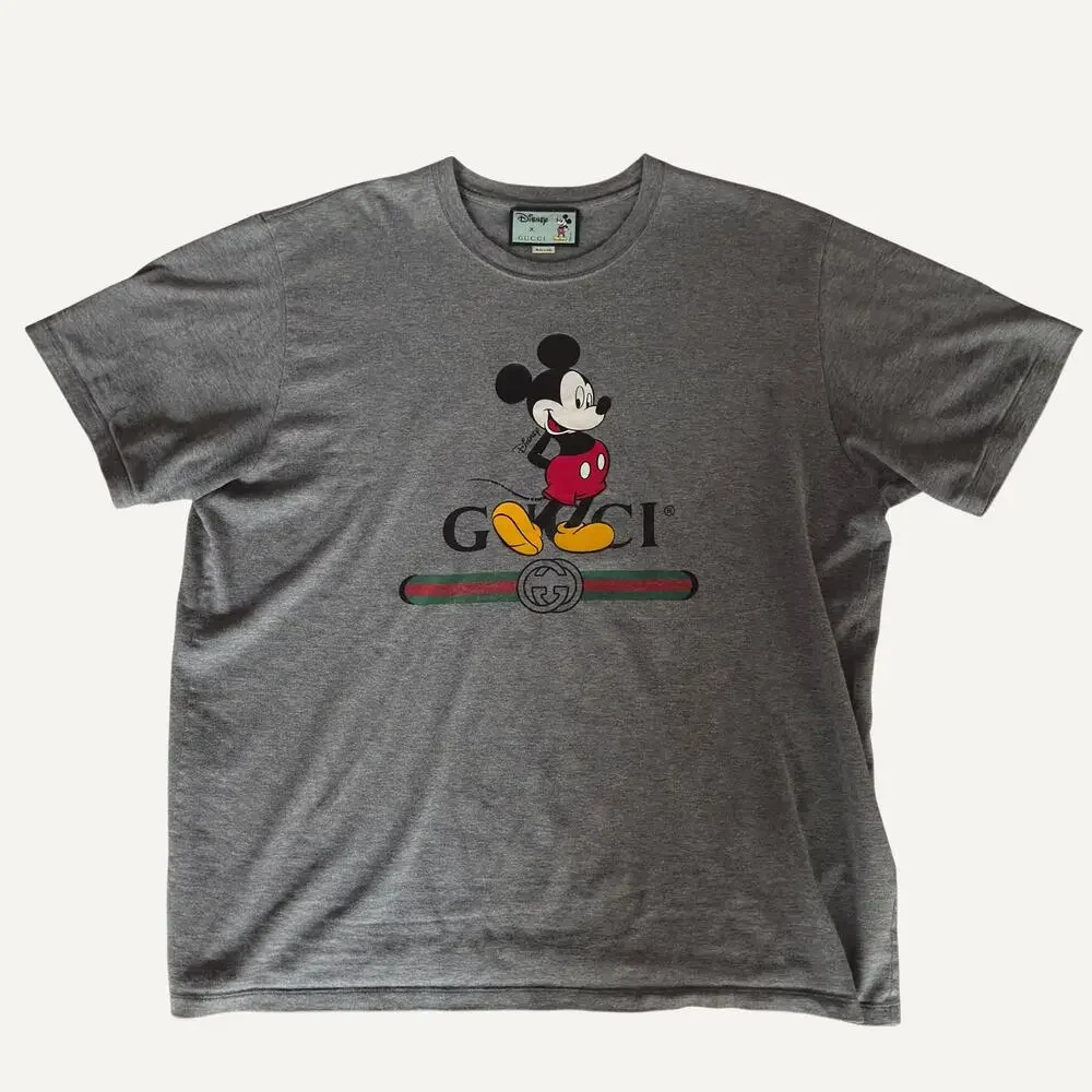 Disney x Gucci Mens Mickey Mouse Logo Print Grey Cotton Tee Size XXXL